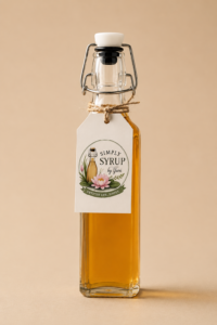 Handcrafted vanilla bean simple syrup in a reusable glass bottle on a warm beige background.