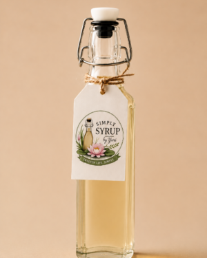 Glass swig bottle filled with homemade simple syrup by Yuri