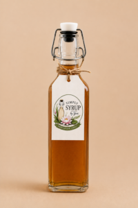 Brown Sugar Cinnamon Simple Syrup in a square glass swing-top bottle with Simply Syrup by Yuri label on a warm tan background.