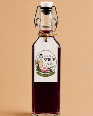 Blueberry Simple Syrup in a square glass swing-top bottle with Simply Syrup by Yuri label on a warm tan background.