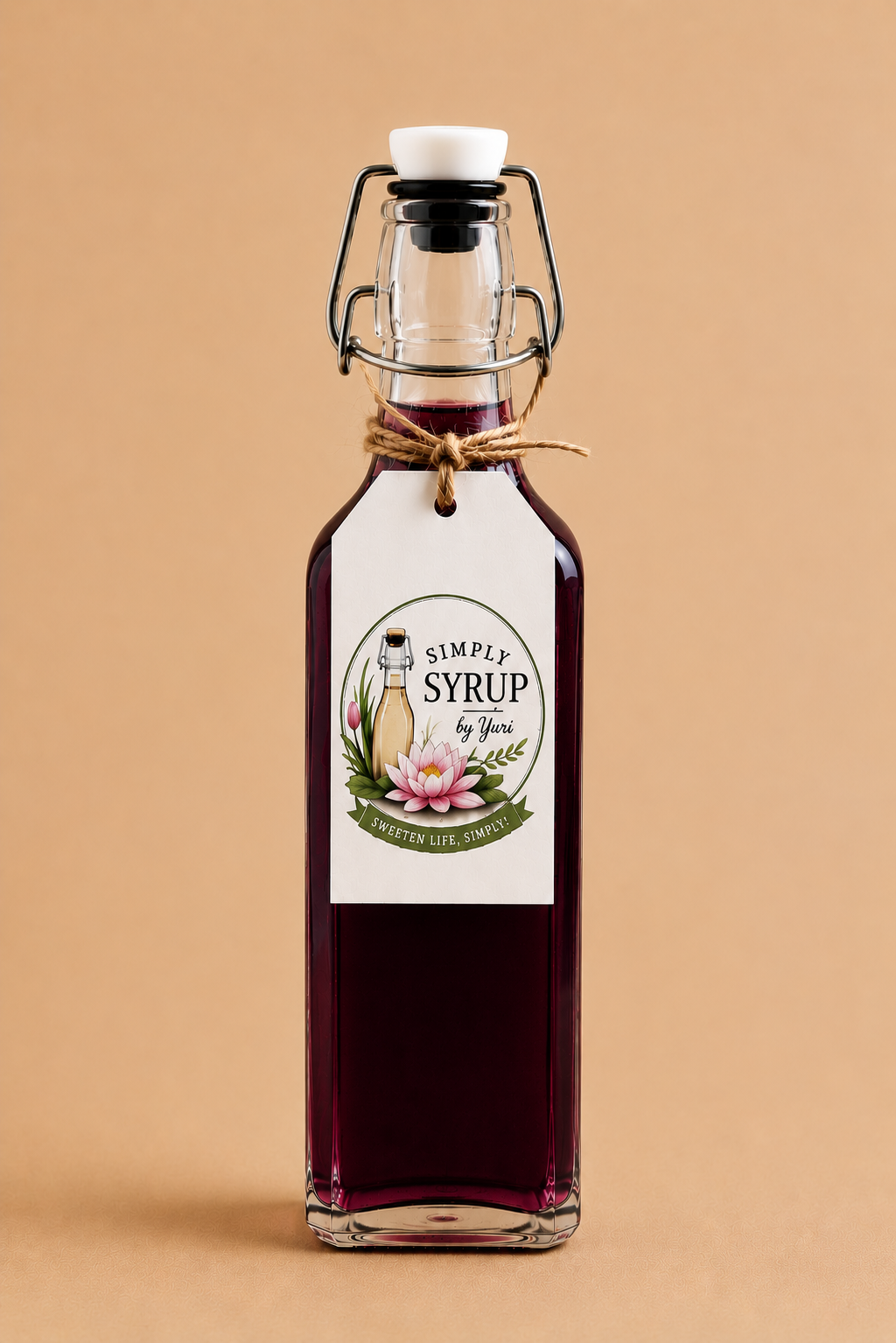 Blueberry Simple Syrup in a square glass swing-top bottle with Simply Syrup by Yuri label on a warm tan background.